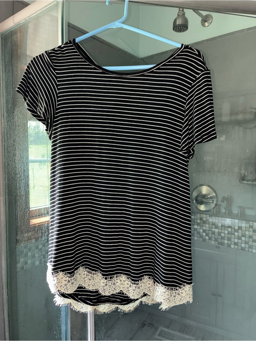 Xhilaration Black & White Striped Tee with Lace Hem